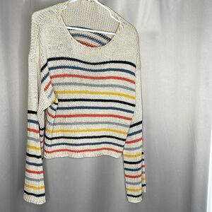 Lovestitch Sweater - crewneck beig with blk, mustard, grey,& orange stripes